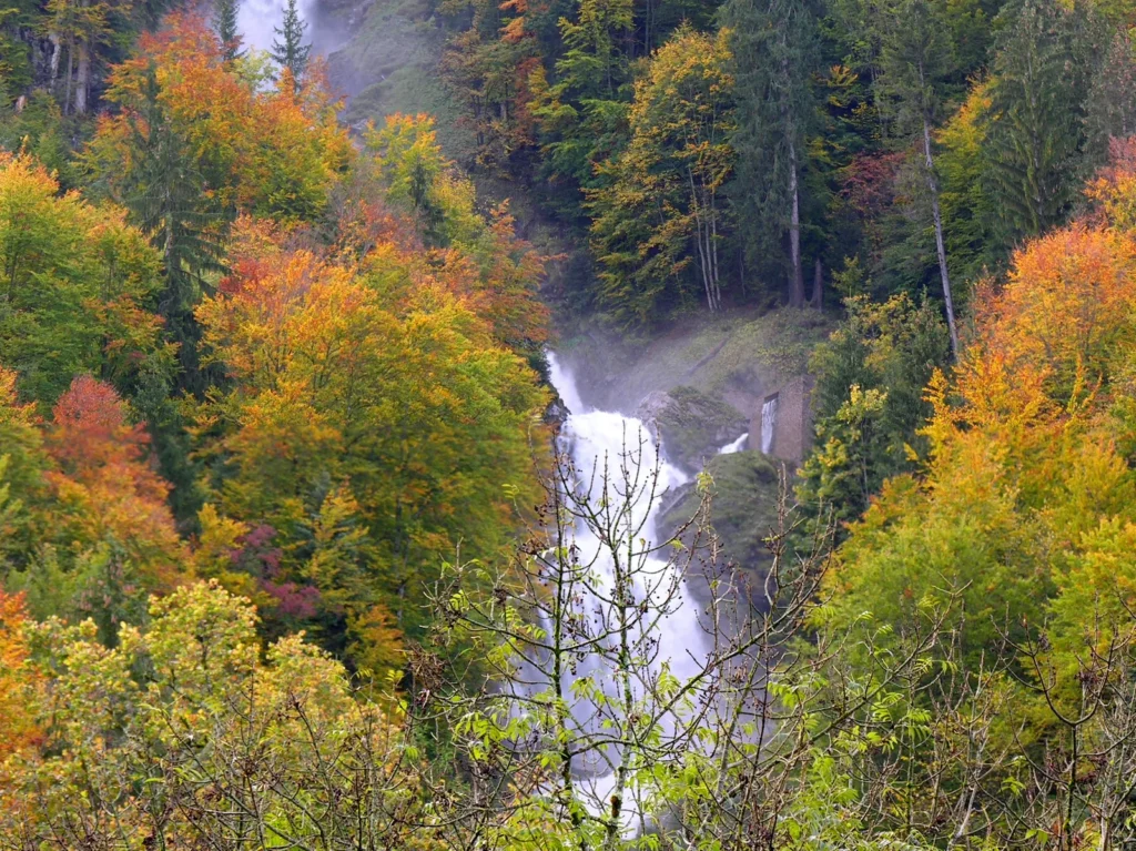 Las cascadas de Giessbach bajando entre árboles de otoño