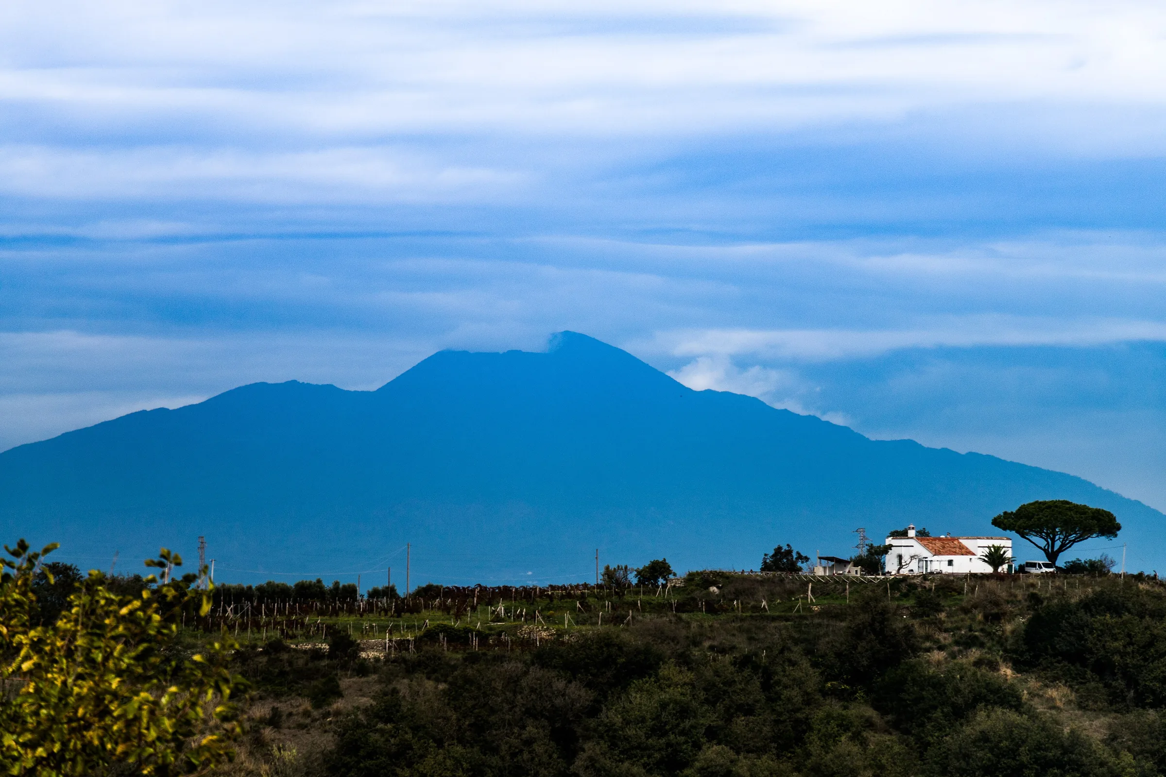 El Vesubio al fondo, con una casa blanca y pinos en primer plano