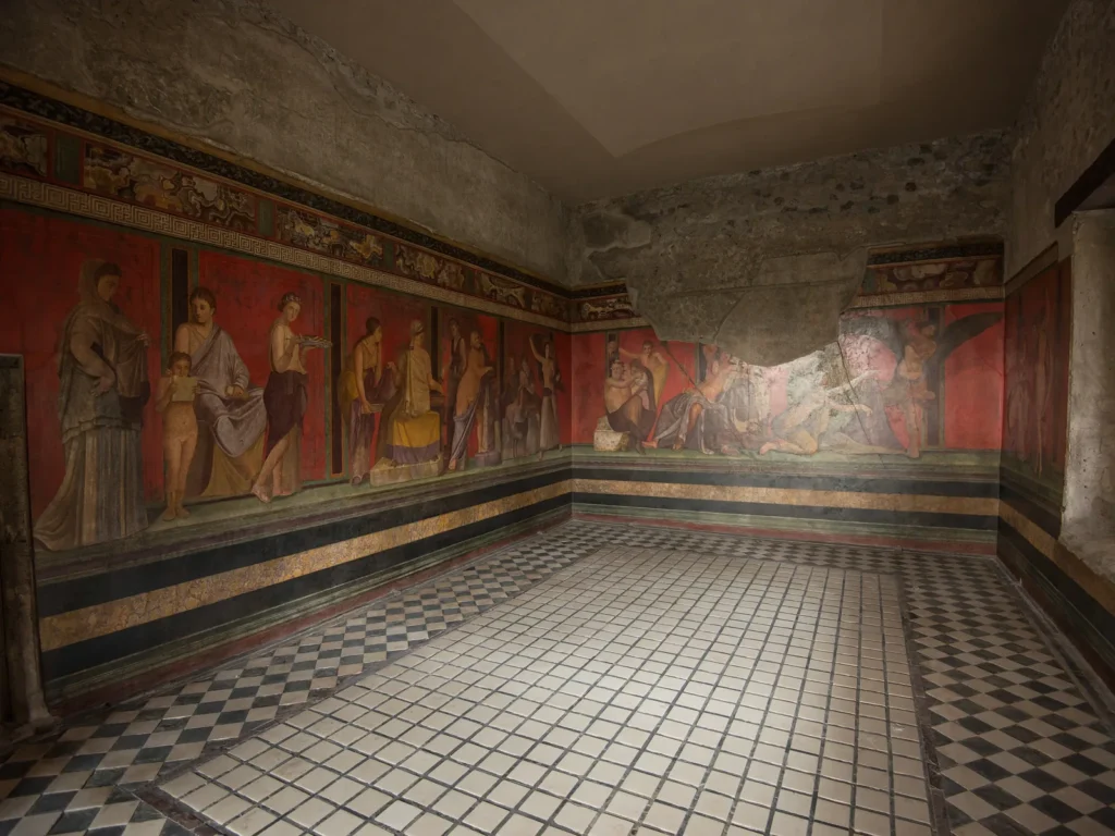 La sala del gran fresco de la Villa de los Misterios, en Pompeya