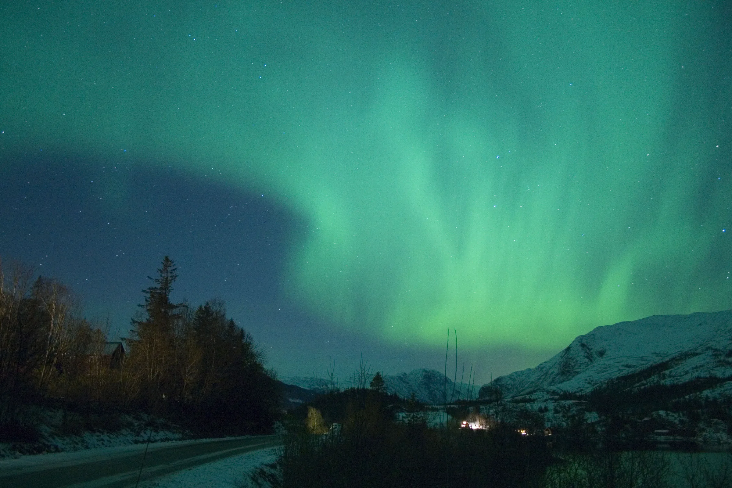 Aurora boreal verde sobre un bosque, un camino y una montaña nevada en Noruega, de noche